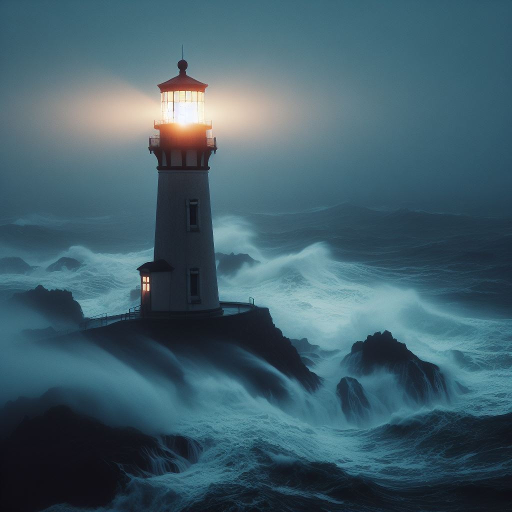 a lighthouse among choppy waves on a foggy night